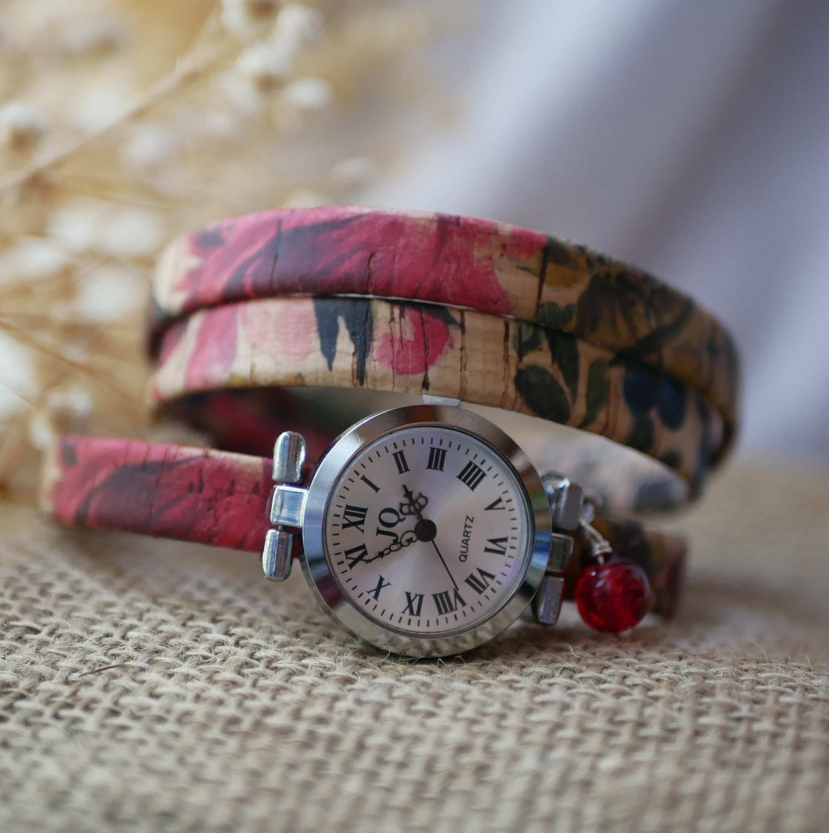 Watch cork flowered triple turn charm red pearl 