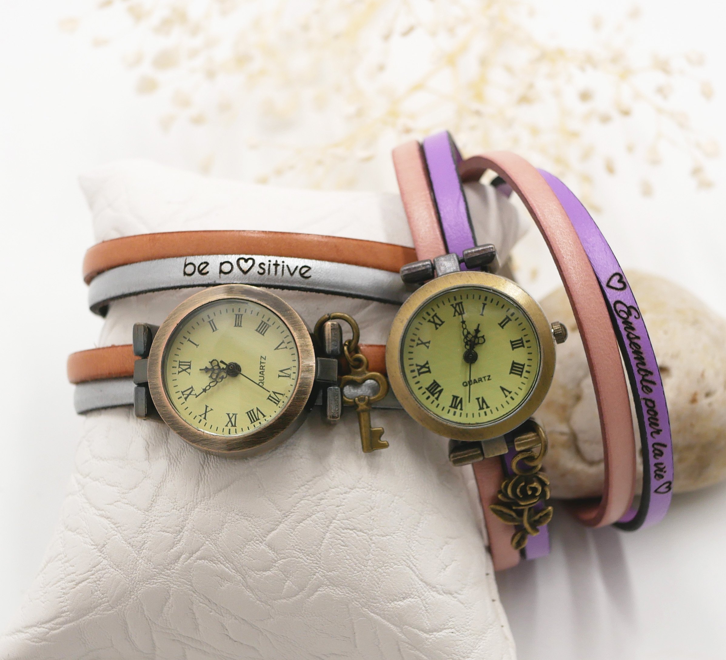 Customizable double turn leather wrist watch duo of colors