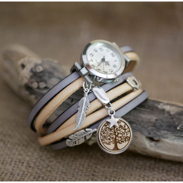 Watch triple turn in leather duo and wood cabochon to customize 