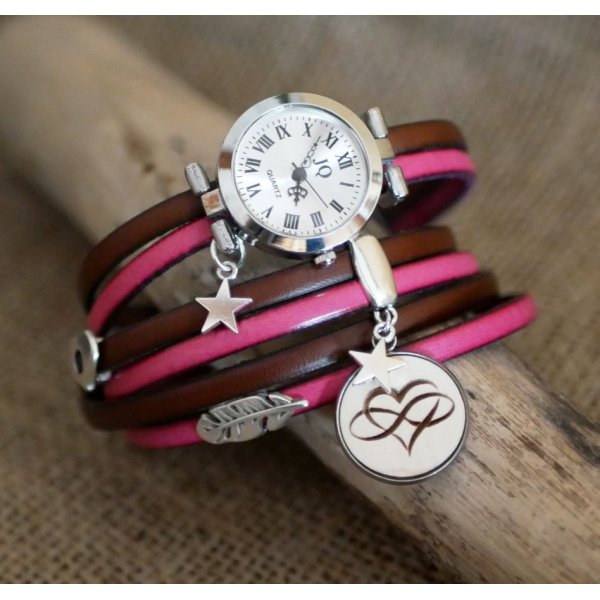 Watch triple turn in leather duo and wood cabochon to customize 