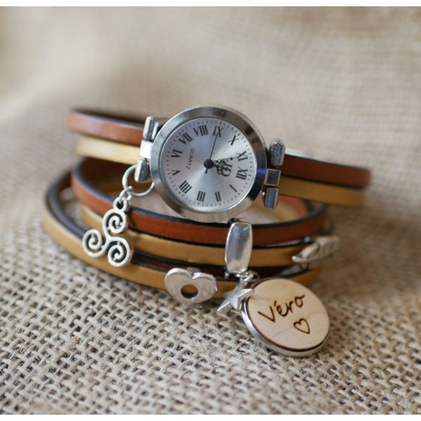 Watch triple turn in leather duo and wood cabochon to customize 