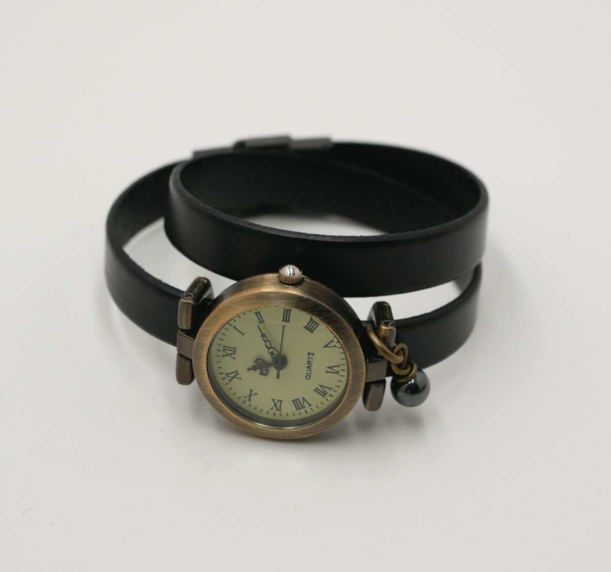 Watch bronze leather bracelet 2 turns adjustable clasp