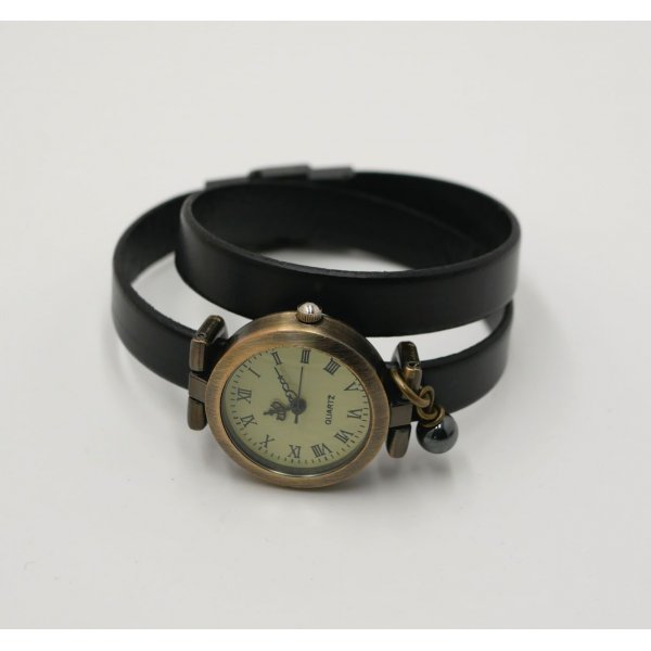 Watch bronze leather bracelet 2 turns adjustable clasp