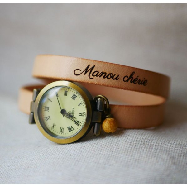Watch bronze leather bracelet 2 turns adjustable clasp