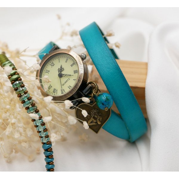 Watch bronze leather bracelet 2 turns adjustable clasp