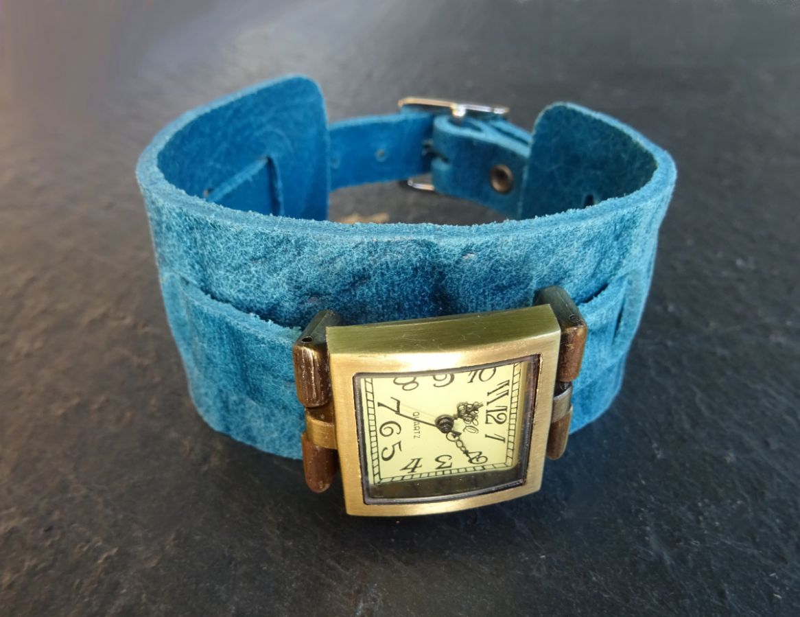 Square watch with blue leather cuff