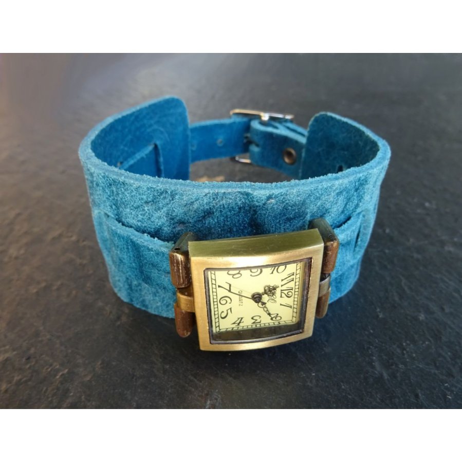 Square watch with blue leather cuff