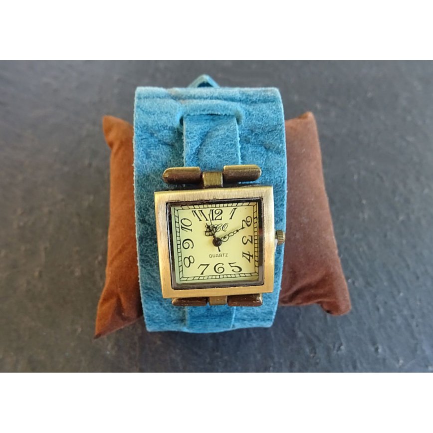 Square watch with blue leather cuff