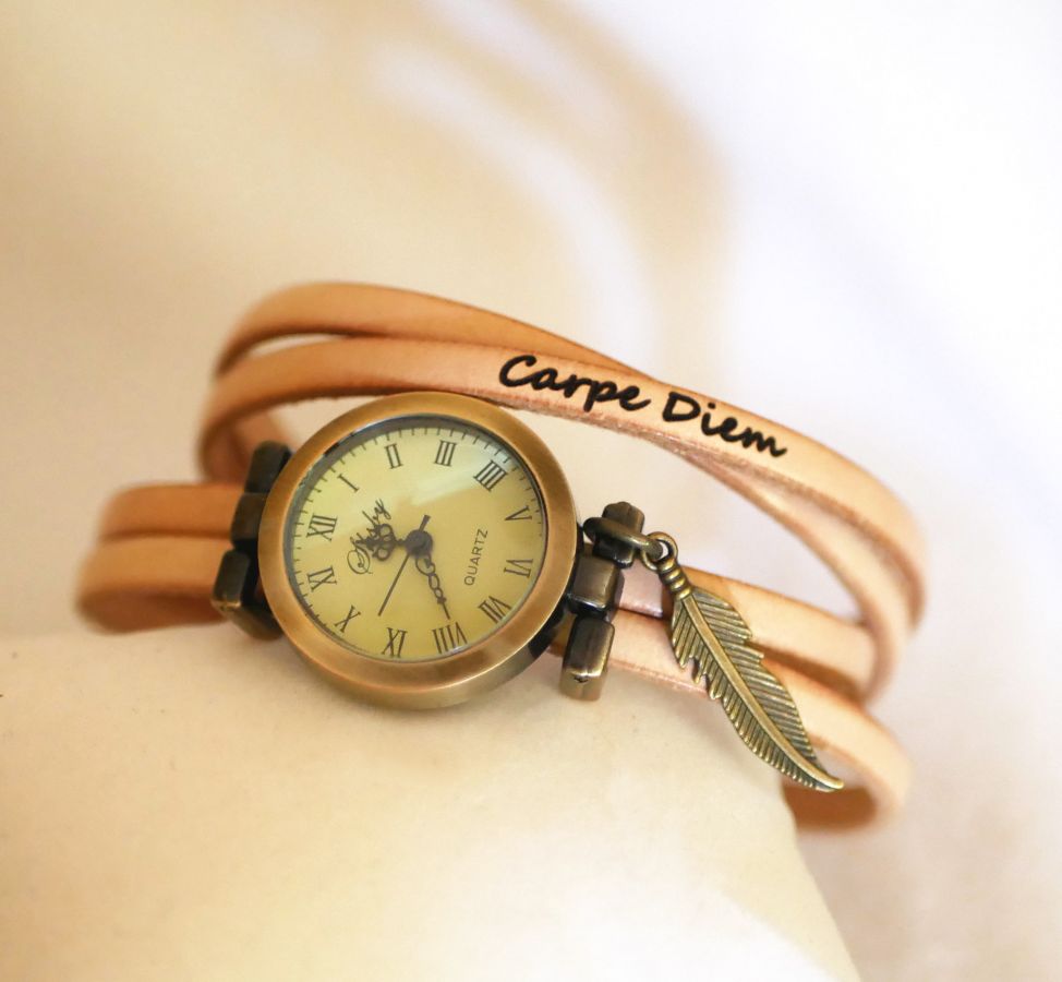 Woman or girl watch with multi-turn leather strap