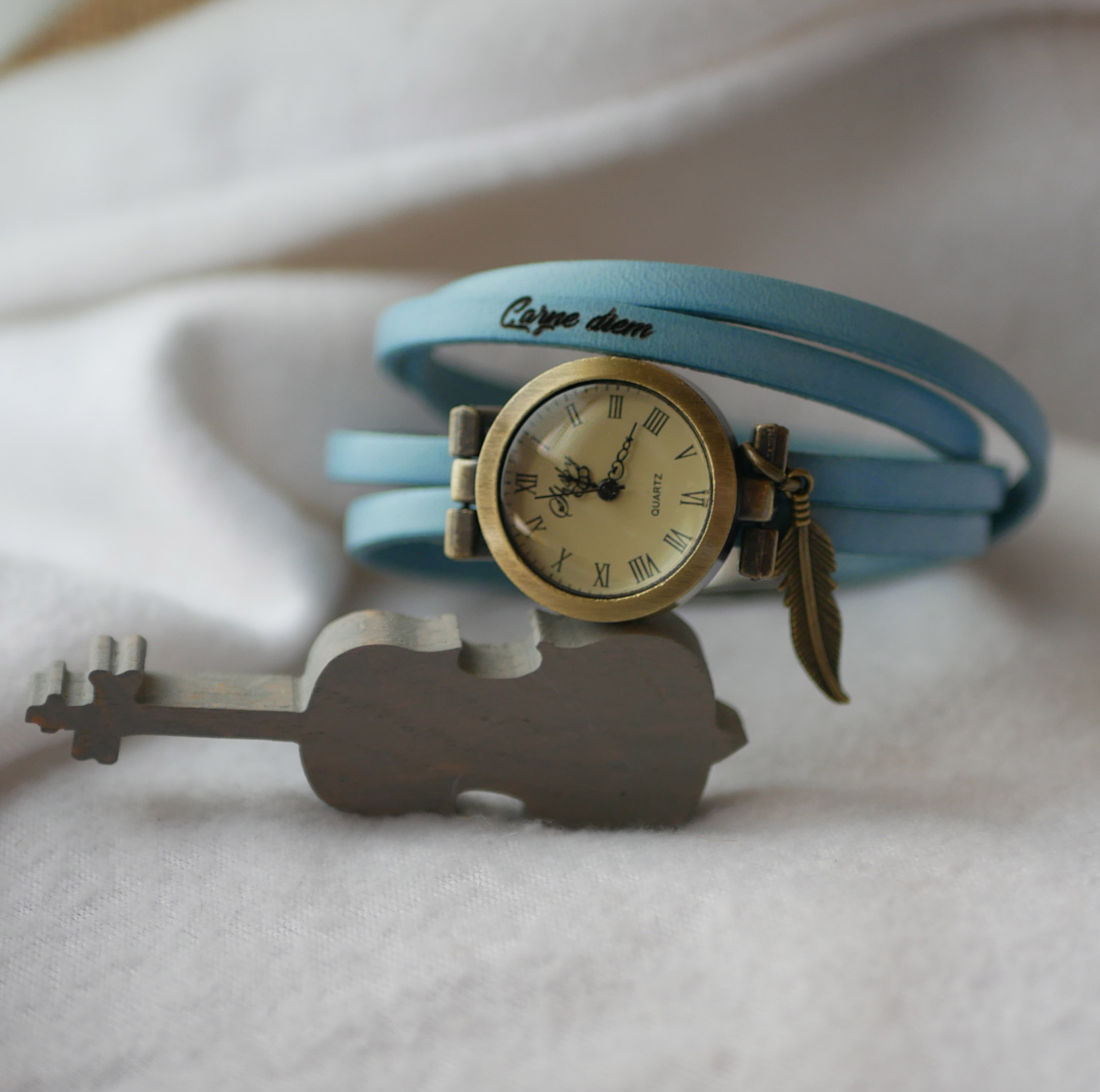 Woman or girl watch with multi-turn leather strap