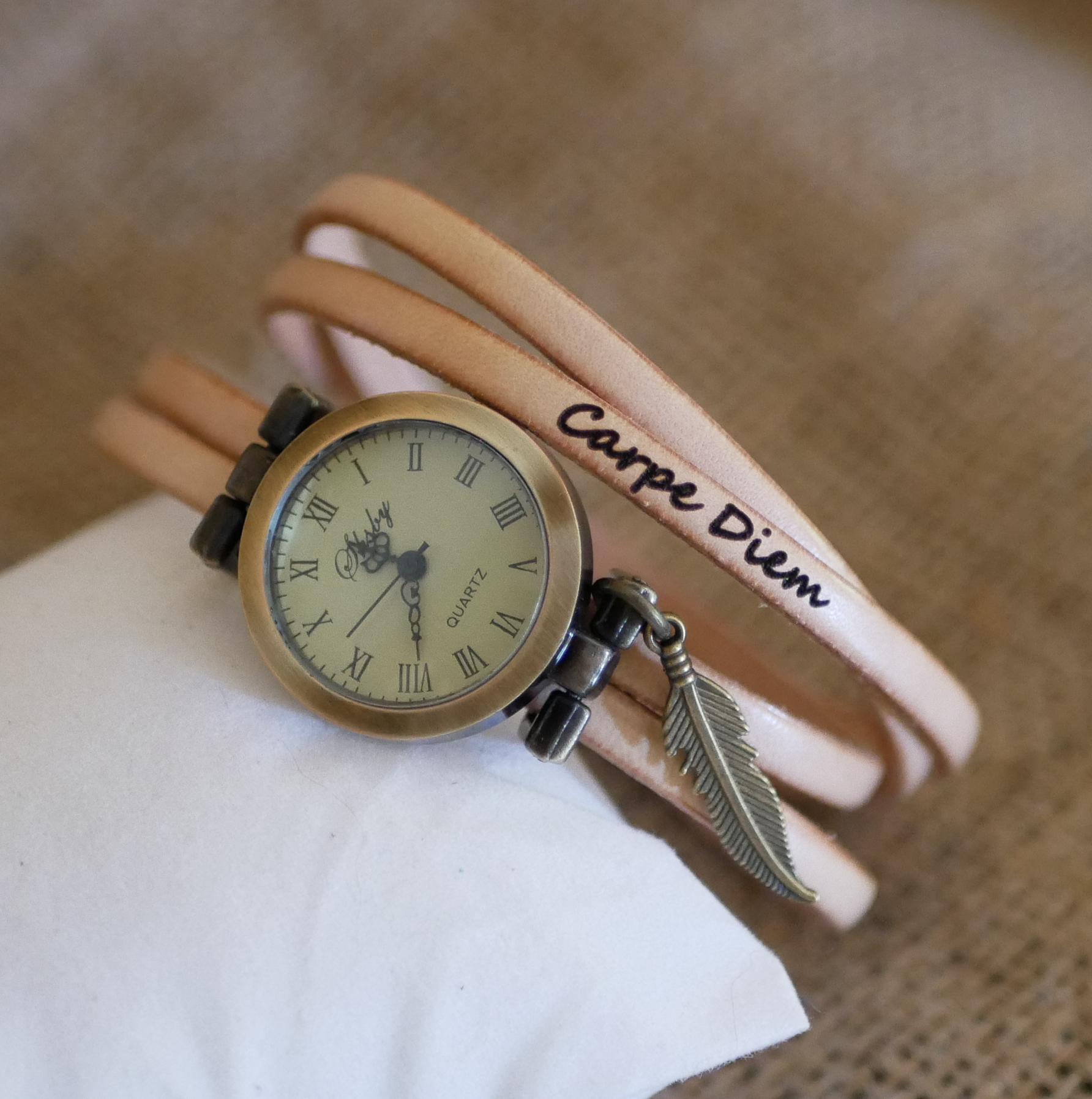 Woman or girl watch with multi-turn leather strap