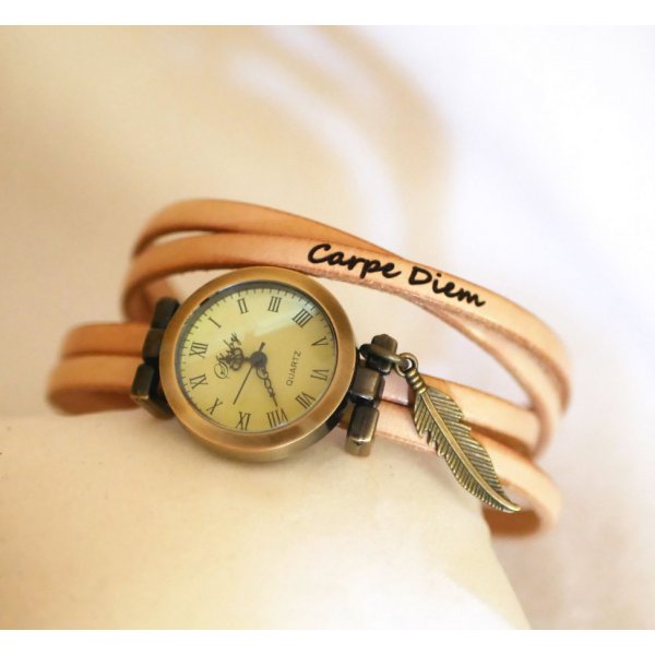 Woman or girl watch with multi-turn leather strap