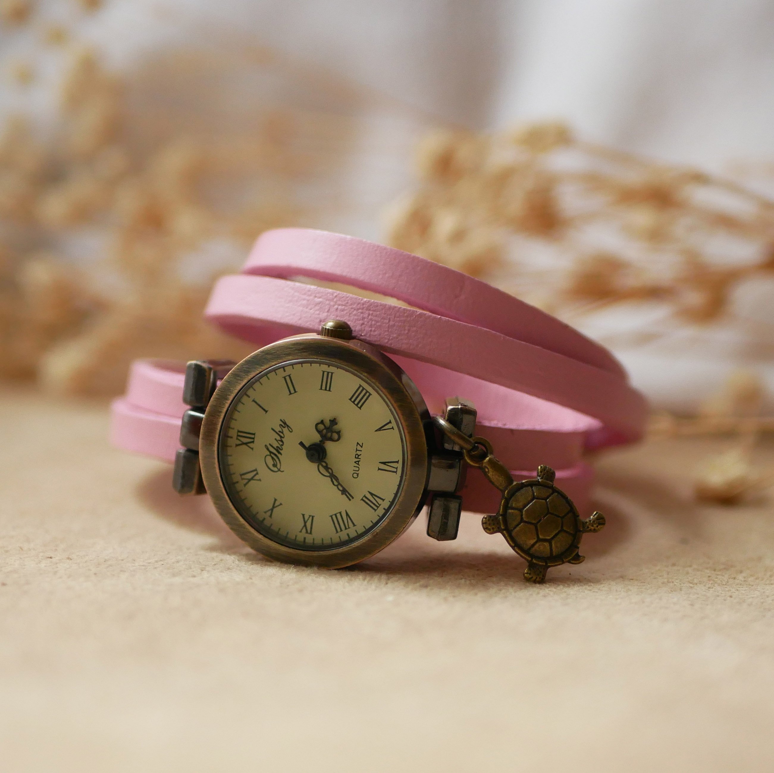 Woman or girl watch with multi-turn leather strap