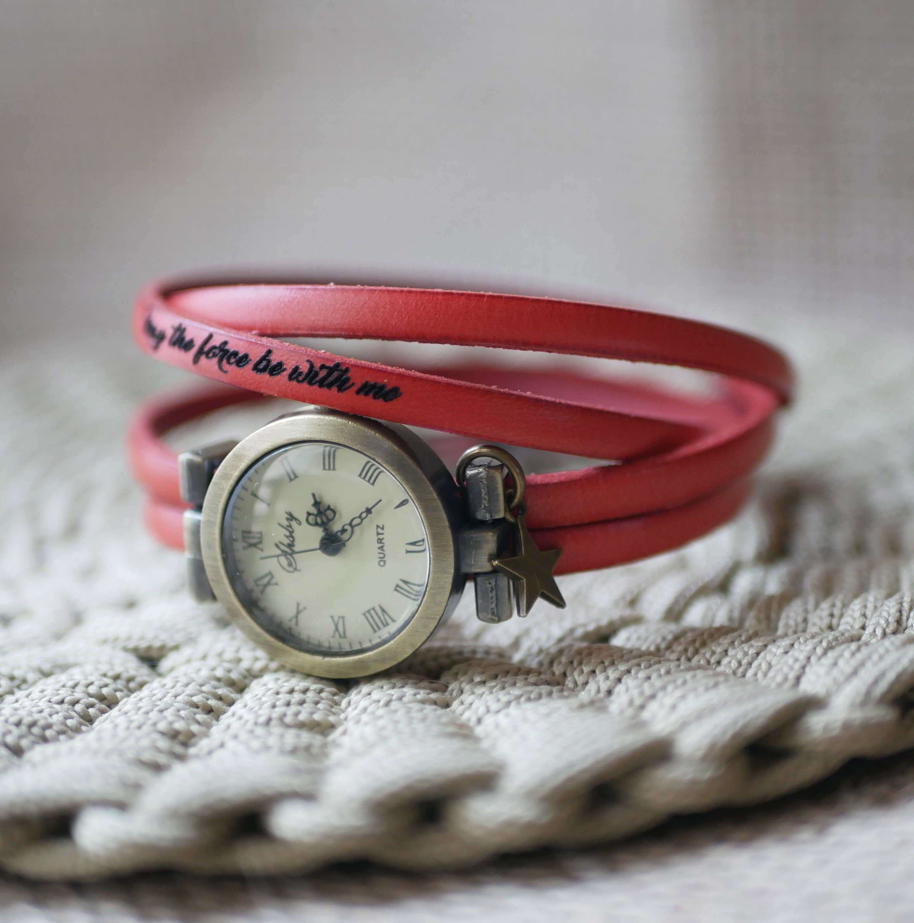 Woman or girl watch with multi-turn leather strap