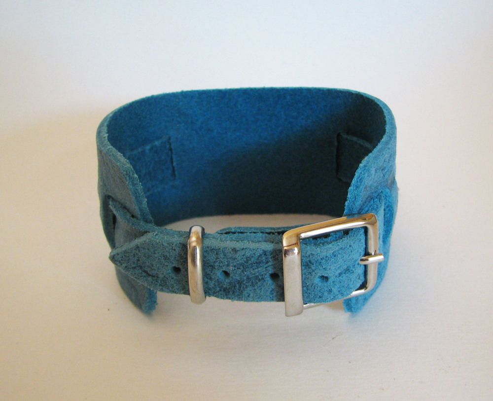 Square watch with blue leather cuff