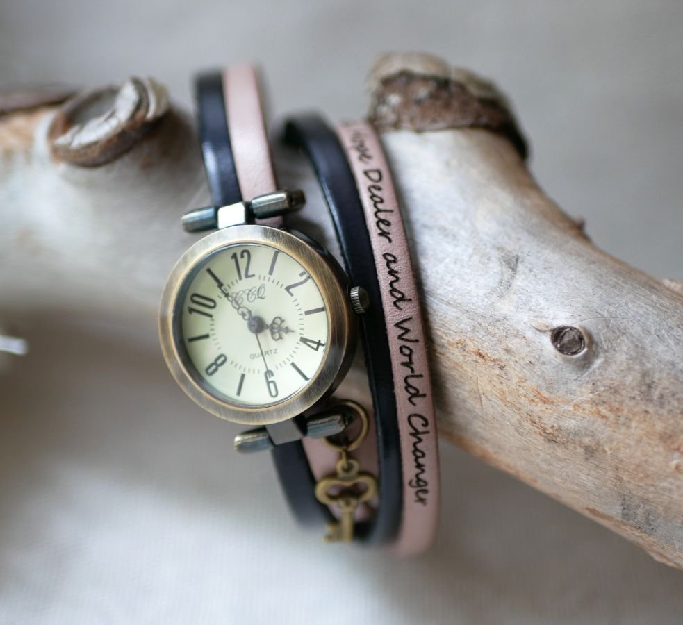 Customizable watch with bronze dial and Arabic numerals on a 2-turn leather strap 