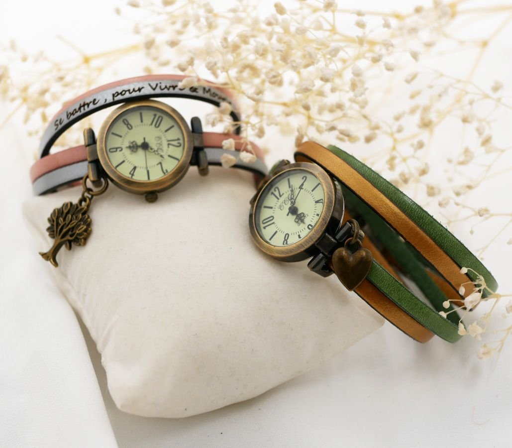 Customizable watch with bronze dial and Arabic numerals on a 2-turn leather strap 