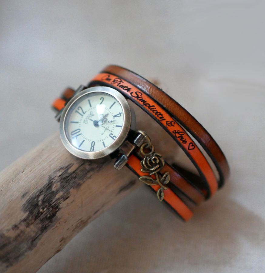 Customizable watch with bronze dial and Arabic numerals on a 2-turn leather strap 