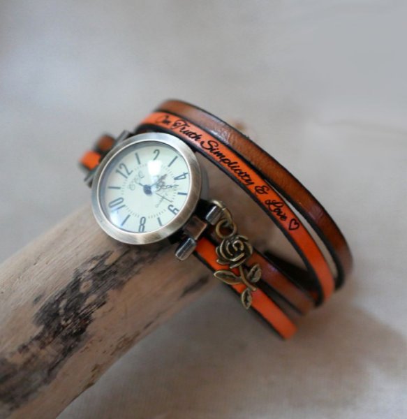 Customizable watch with bronze dial and Arabic numerals on a 2-turn leather strap 