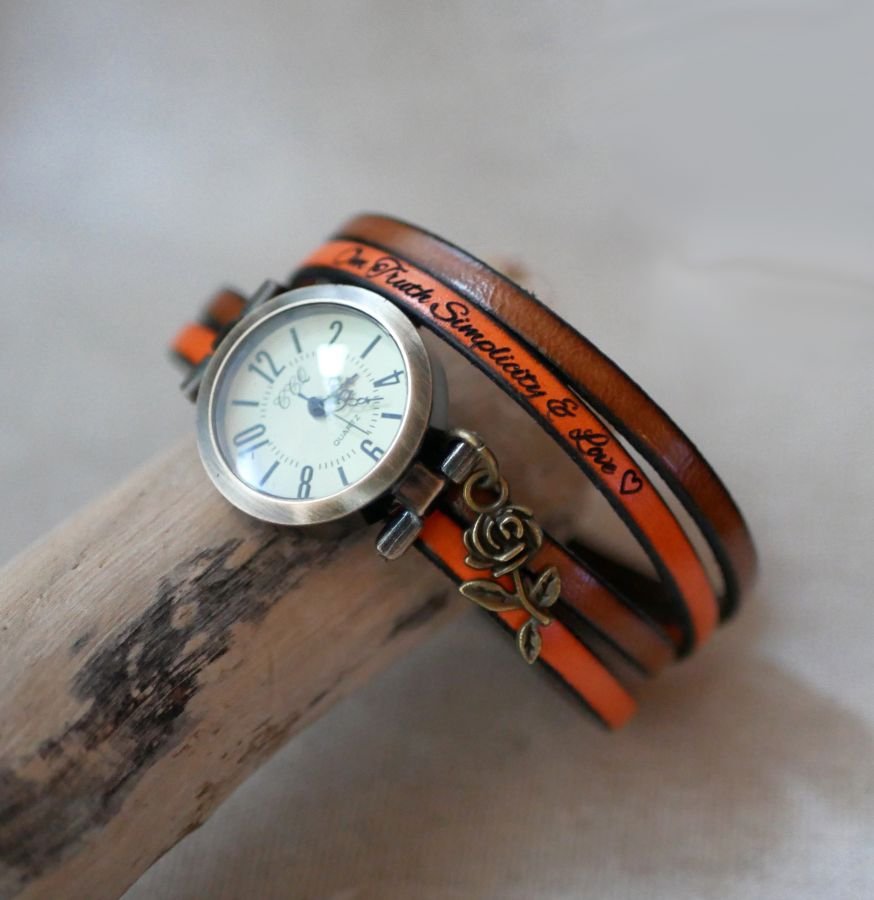 Customizable watch with bronze dial and Arabic numerals on a 2-turn leather strap 