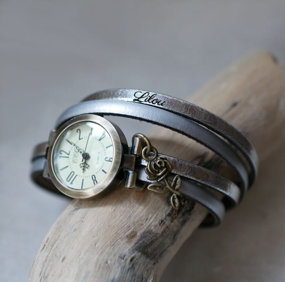 Customizable watch with bronze dial and Arabic numerals on a 2-turn leather strap 