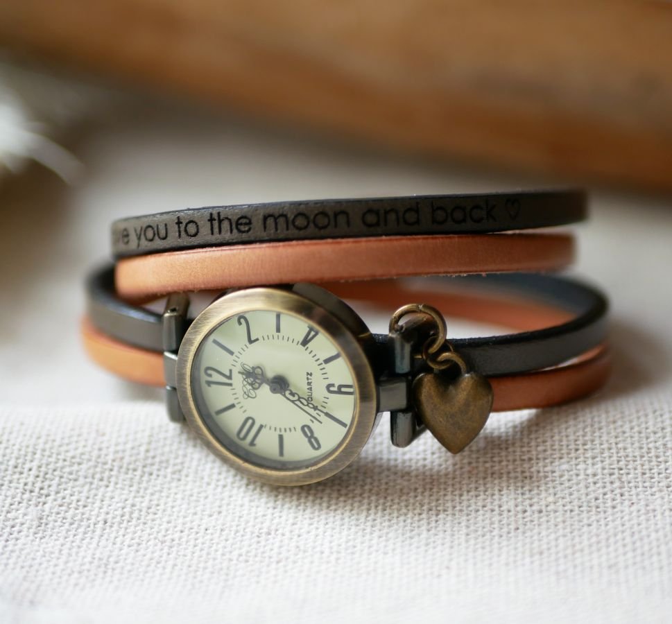 Customizable watch with bronze dial and Arabic numerals on a 2-turn leather strap 
