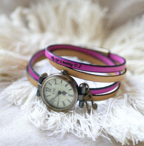 Customizable watch with bronze dial and Arabic numerals on a 2-turn leather strap 