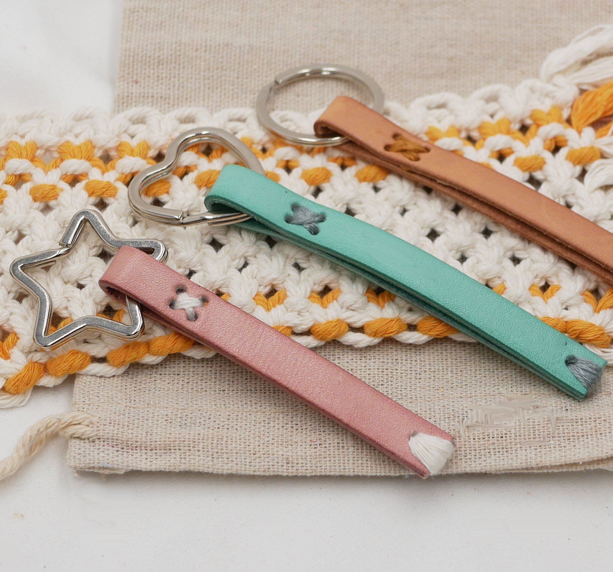 Customizable hand-stitched leather key ring