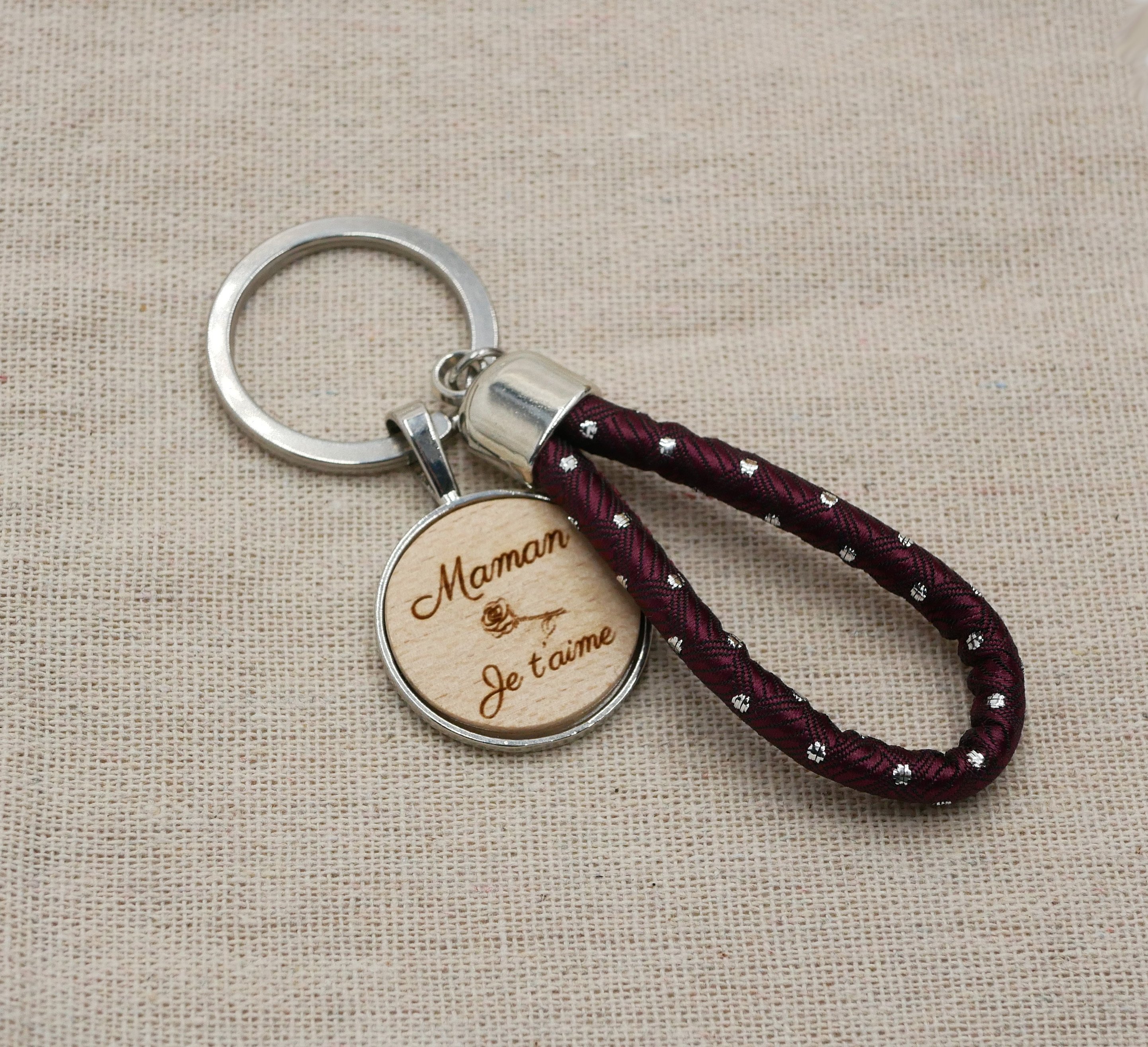 Personalized engraved wooden cabochon key ring and rope loop in your choice of color