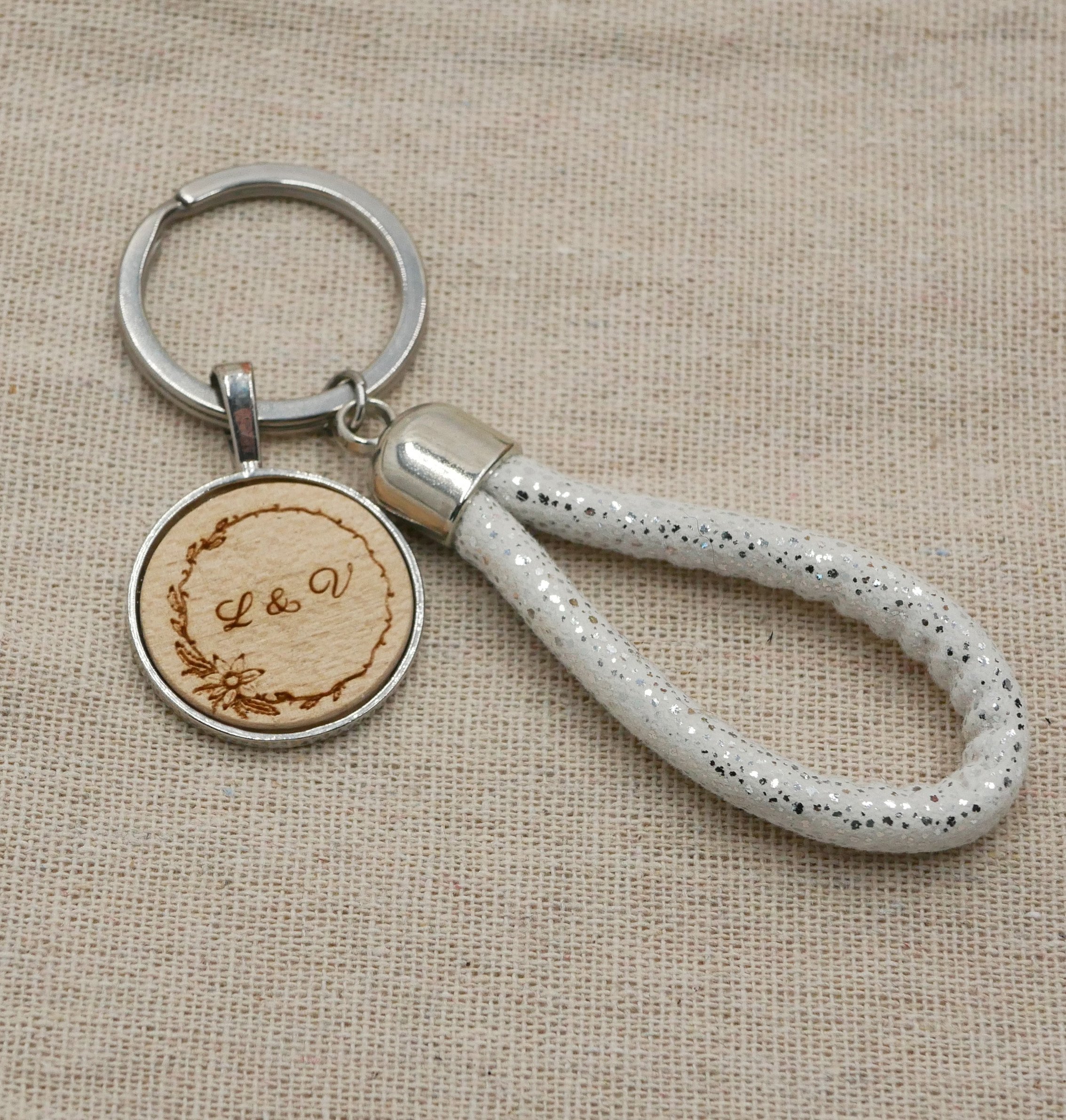 Personalized engraved wooden cabochon key ring and rope loop in your choice of color