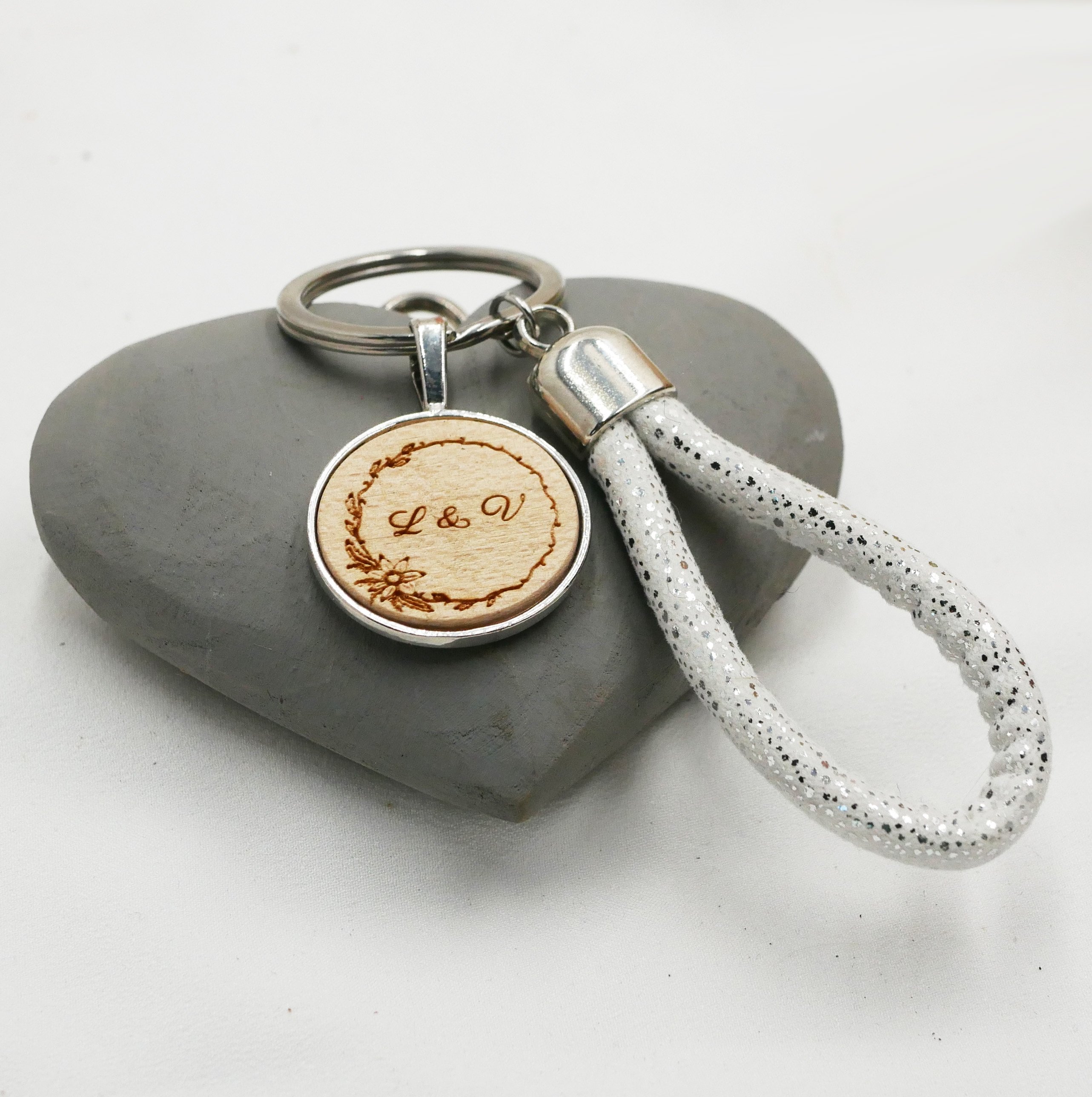 Personalized engraved wooden cabochon key ring and rope loop in your choice of color