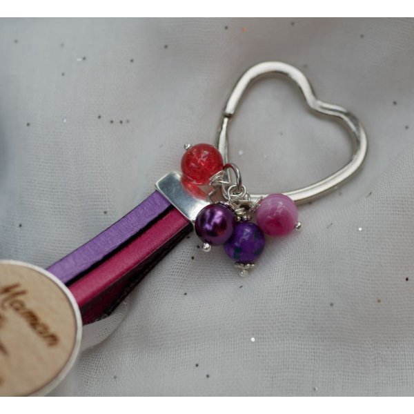 Double leather key ring and personalized wooden cabochon