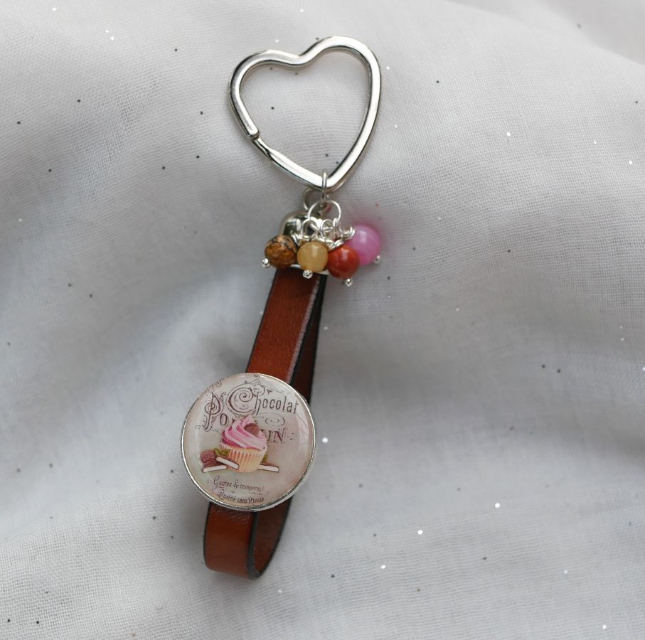 Chocolate themed leather and pearl key ring or bag jewel