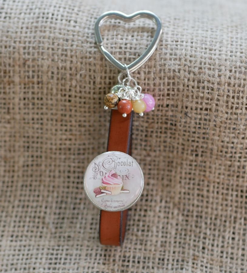 Chocolate themed leather and pearl key ring or bag jewel