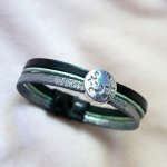 Silver, green and black cabochon moon star leather multi-link bracelet