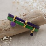 Duo leather bracelet with gold charms and purple-green sequins 