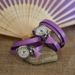 Leather bracelet watch Lilac 2 or 3 turns with pompom