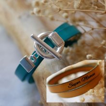 Double turn leather bracelet with elegant silver T clasp customizable