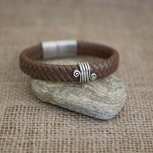 Bracelet brown leather braided man clasp steel brushed magnetic