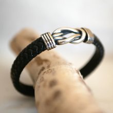 Black leather bracelet with Celtic knot magnetic steel clasp