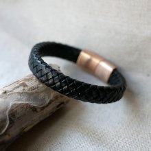 Black leather bracelet braided steel clasp Rose Gold magnetic