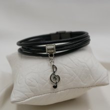 Black leather cuff bracelet with silver charm pendant of your choice