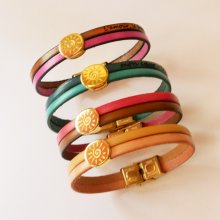Soleil gold-plated bangle on leather duo to personalize and engrave