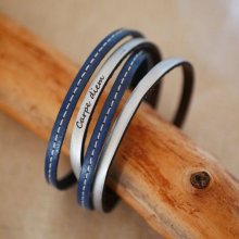 Double blue leather strap with stitching and choice of color to be personalized by engraving