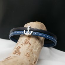 Men's bracelet in blue leather duo with stitching Customizable navy anchor 