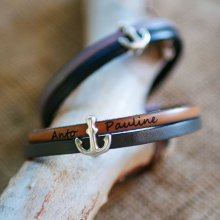 Leather duo bracelet with engraved navy anchor design