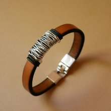 Camel leather strap with braided metal decoration and T-shaped clasp