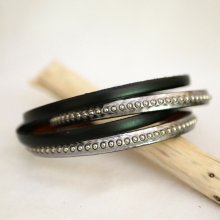 Double engraved leather bracelet with silver beads customizable