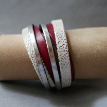 Customized white, silver and red leather double-turn cuff bracelet  