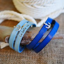 Leather bracelet with double wristband and marine anchor decoration, customizable 